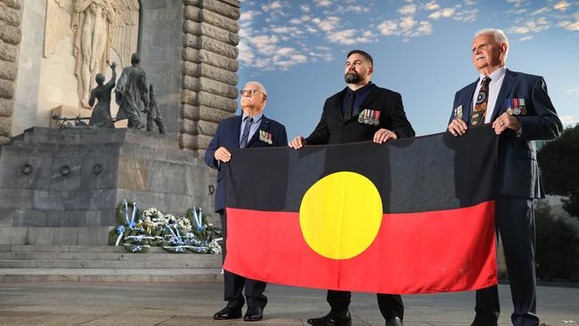 This year, for the first time, Adelaide’s dawn service at the national war memorial, will be led by an all-Aboriginal cast. Frank Lampard (army), Alec Houthuuysen (Hill), (air force), and Matty Moore (navy), will be attending. Picture: Dean Martin