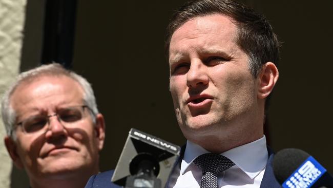 SYDNEY, AUSTRALIA - NewsWire Photos , MARCH 20, 2021: Minister for Immigration Alex Hawke speaks to the media during a press conference at  Kirribilli House.  Picture: NCA NewsWire / Flavio Brancaleone