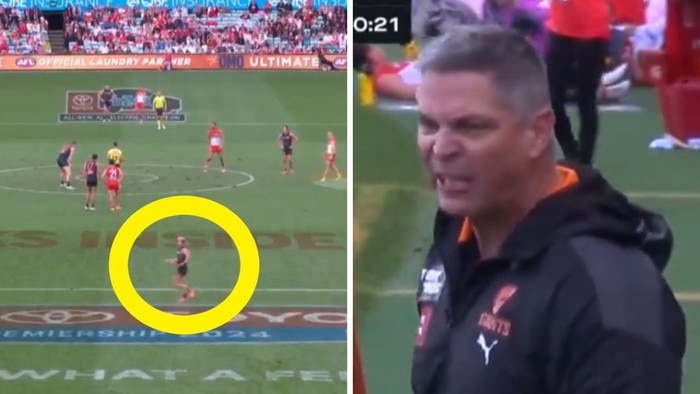Adam Kingsley was furious the Giants didn't have a player on the wing. Photo: Fox Footy.