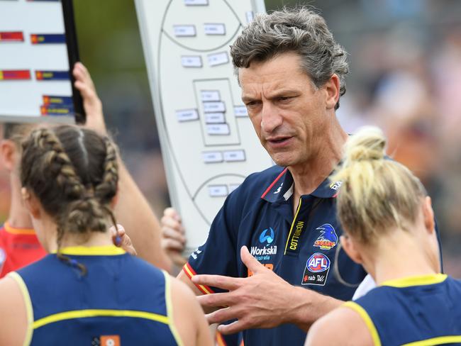 ADELAIDE, AUSTRALIA - MARCH 10: Matthew Clarke Adelaide Crows coach at quarter time during the round six AFLW match between the Adelaide Crows and the Greater Western Sydney Giants at Unley Oval on March 10, 2019 in Adelaide, Australia. (Photo by Mark Brake/Getty Images)