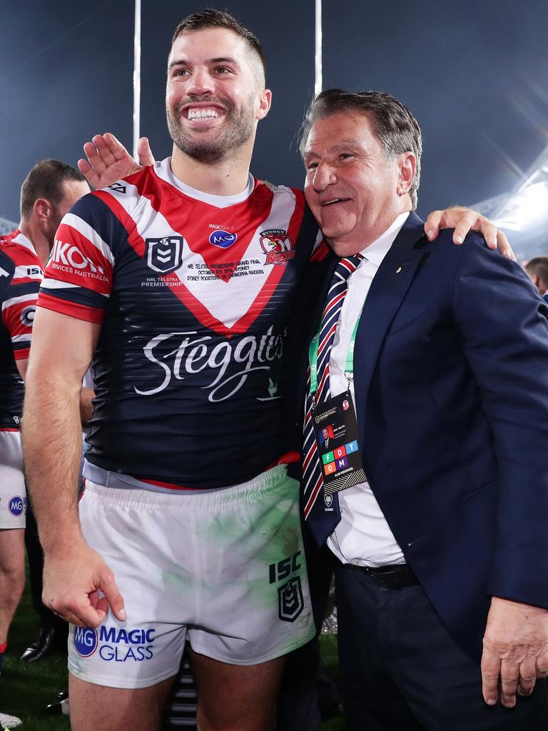 Roosters Chairman Nick Politis with James Tedesco after the 2019 NRL Grand Final. Photo by Matt King/Getty Images.