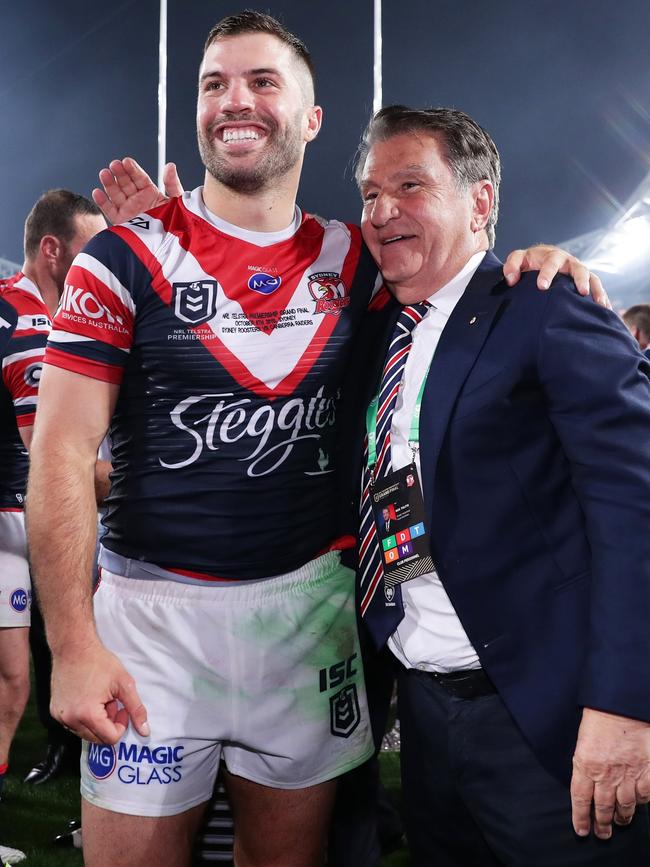 Roosters Chairman Nick Politis with James Tedesco after the 2019 NRL Grand Final. Photo by Matt King/Getty Images.