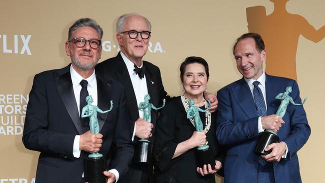 The cast of Conclave, Ralph Fiennes, right, Isabella Rossellini, Sergio Castellitto, left, and John Lithgow at the 31st Annual Screen Actors Guild awards. Picture: AFP