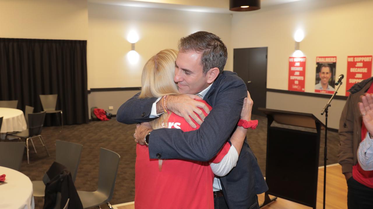 Jim Chalmers with his mother Carol Chalmers, at his post election party at Logan Rec Club, Logan Central. Picture: Mark Cranitch