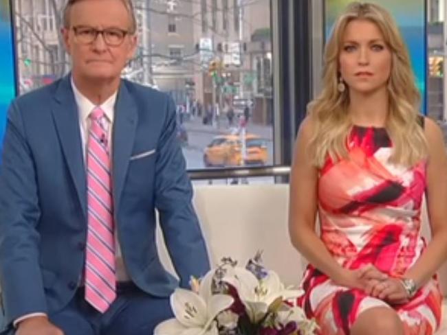 The faces on Fox & Friends hosts Ainsley Earhardt, Steve Doocy and Brian Kilmeade says it all. Picture: Screengrab