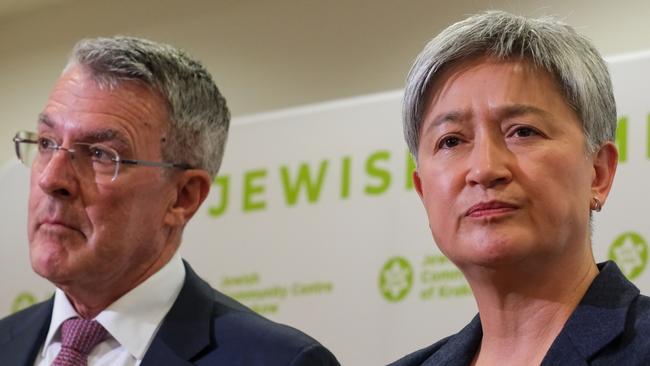 Foreign Minister Penny Wong and Attorney-General Mark Dreyfus at the Jewish Community Centre in Krakow, Poland, on January 26, ahead of the 80th commemorations of the liberation of the Nazi extermination camp Auschwitz-Birkenau. Picture: Jacquelin Magnay