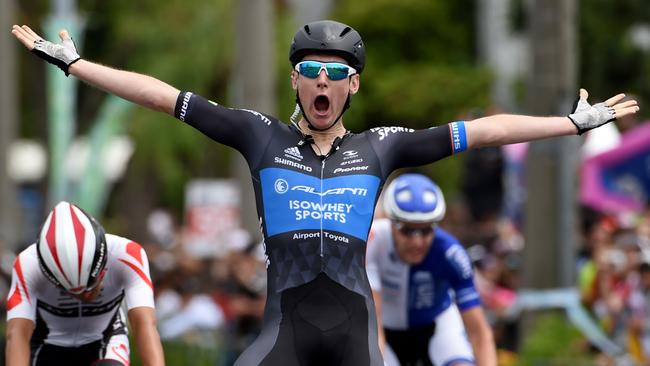 Avanti-Isowhey’s Sam Crome  celebrates as he crosses the finish line to win the eighth and final stage of the Tour of Japan. Picture: Toshifumi Kitamura (AFP)