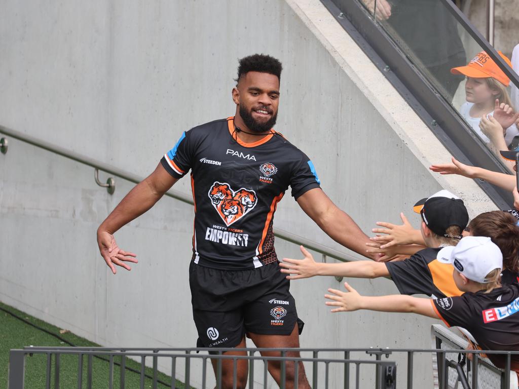 Turuva greeted fans at a Wests Tigers members only training session at the Zurich Centre in Concord. Picture: Rohan Kelly