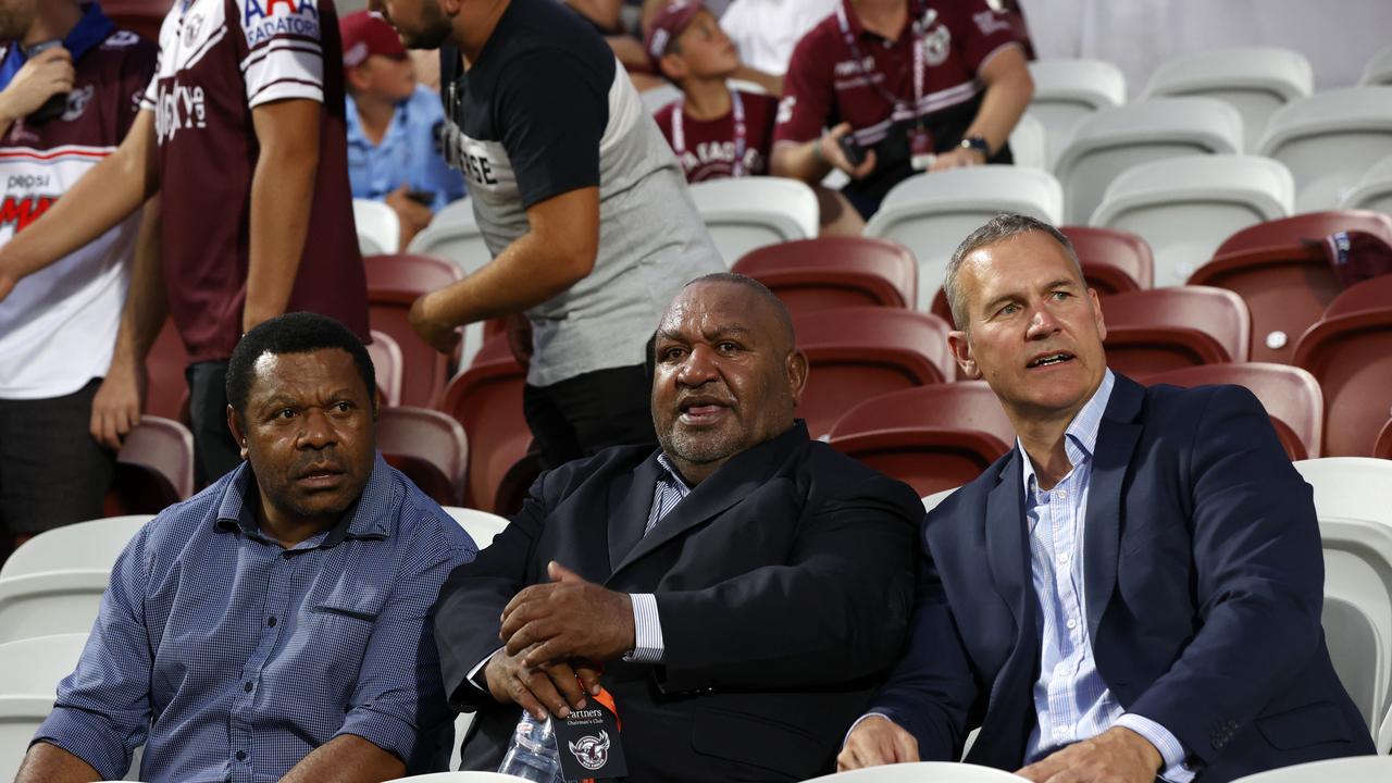 The Papua New Guinea NRL expansion bid team (L-R) is being led by Sandis Tsaka (chairman of the PNG RFL), Stanley Hondina (CEO of PNG RFL) and Andrew Hill (PNG NRL bid officer). Picture: Jonathan Ng.