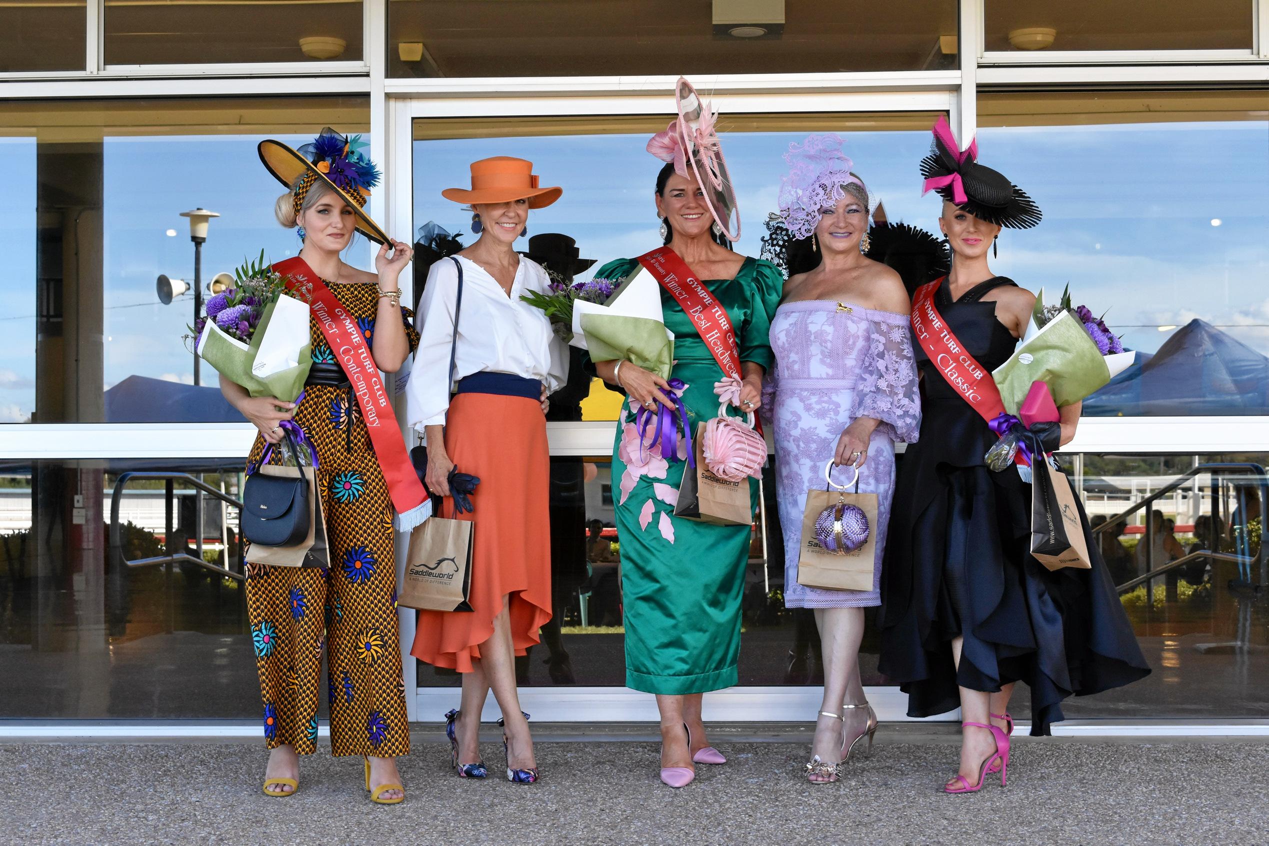 Fashions of the field - Ladies (from left) Winner contemporary Helen Strong,  runner-up contemporary Margery Mayall, winner best headware Verelle O'Shanesy, runner-up classic Kellie Mahlstedt and winner classic Rebecca Jane. Picture: Bec Singh