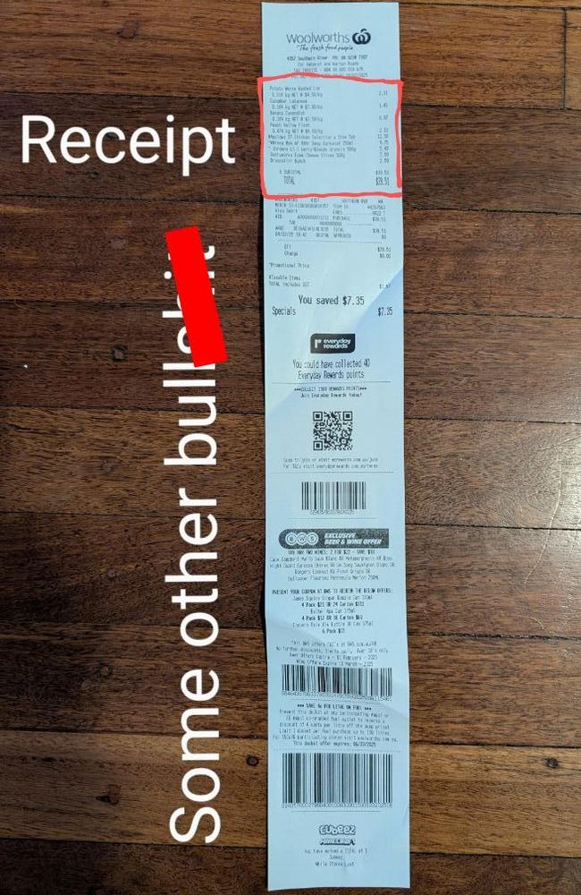 A shopper has shared a photo of an excessively long receipt they received after shopping at Woolworths. Picture: Reddit