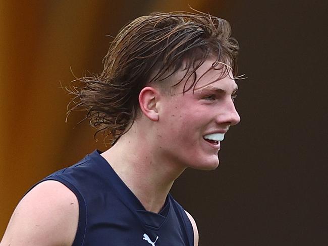 GOLD COAST, AUSTRALIA - JULY 04: Oliver Greeves of Vic Metro celebrates a goal during the AFL National Development Championships U16 boys match between Vic Metro and Western Australia at Heritage Bank Stadium on July 04, 2023 in Gold Coast, Australia. (Photo by Chris Hyde/AFL Photos/via Getty Images)