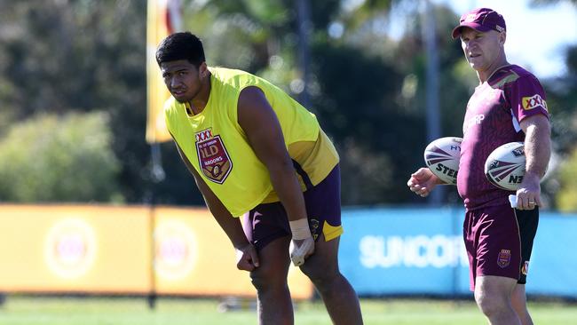 Payne Haas, 17, looks on during an opposed training session with the Maroons at Sanctuary Cove.