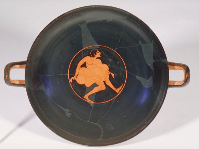 Ancient Lives, Cup with youth carrying a full, wineskin, Attic Greek, c. 510 BCE, Classics and Archaeology Collection, the University of Melbourne Art Collection