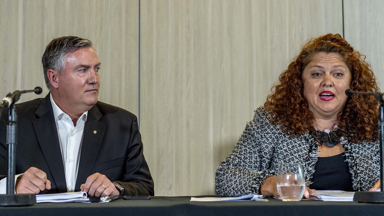 Eddie McGuire and Jodie Sizer front the media after the report was leaked. Picture: Jake Nowakowski