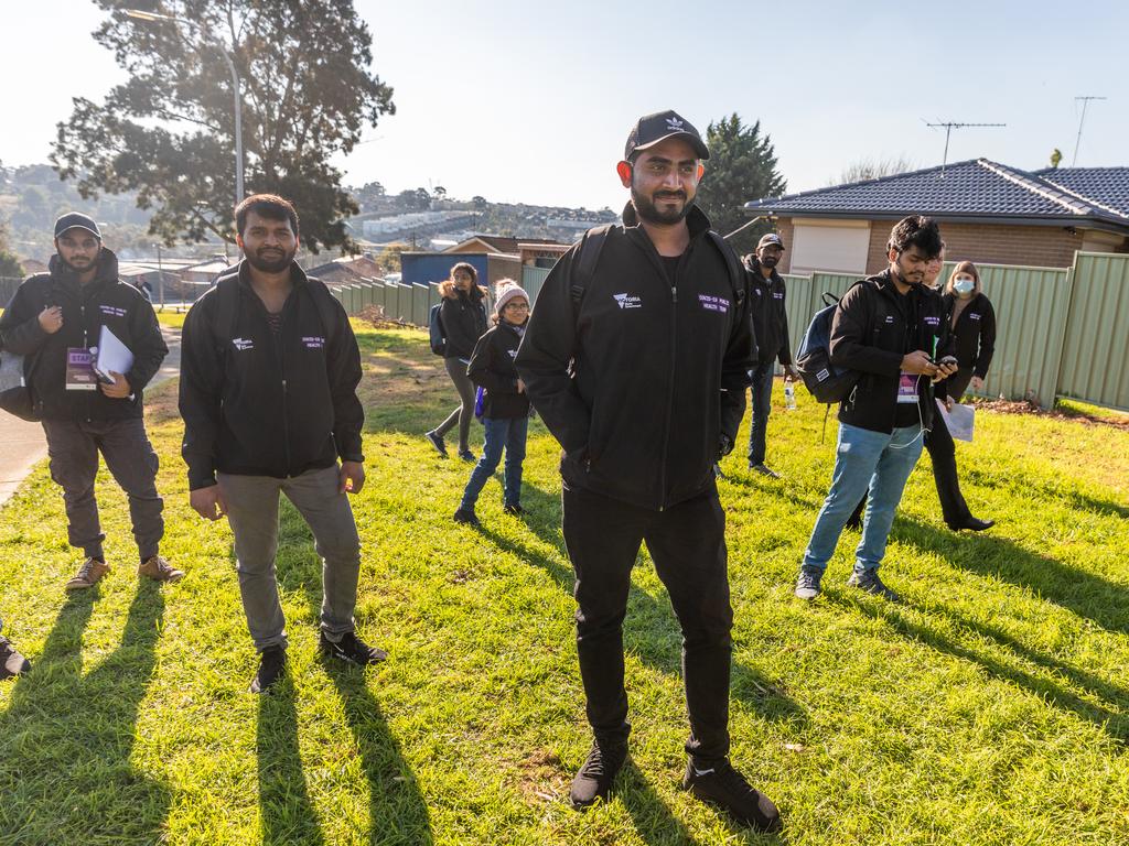 COVID-19 public health team members preparing to doorknock during a COVID-19 testing blitz in Broadmeadows on June 28. Picture: Asanka Ratnayake/Getty Images