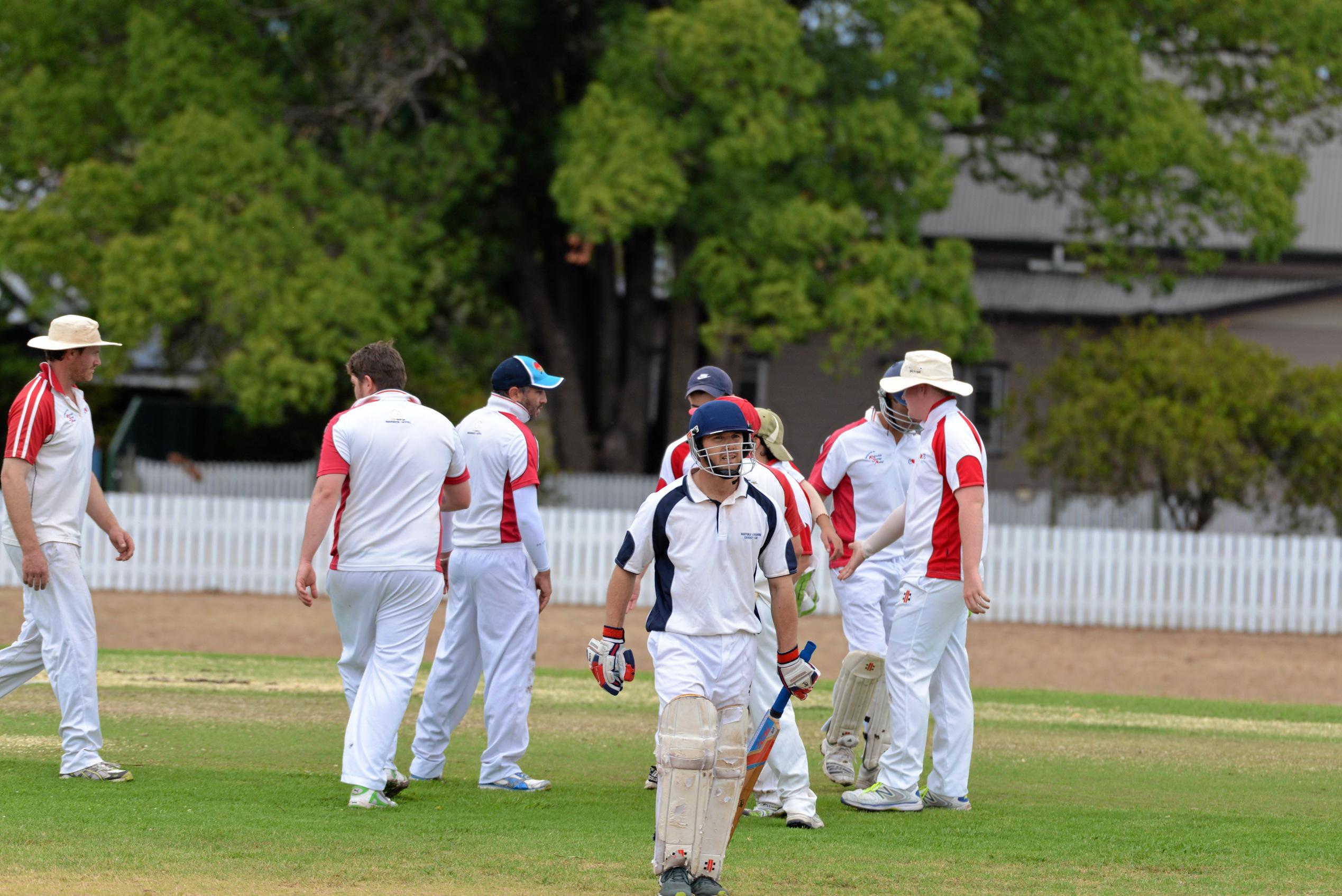 Warwick Hotel Colts celebrate the wicket of Maryvale opener Andrew Ryan. Picture: Gerard Walsh