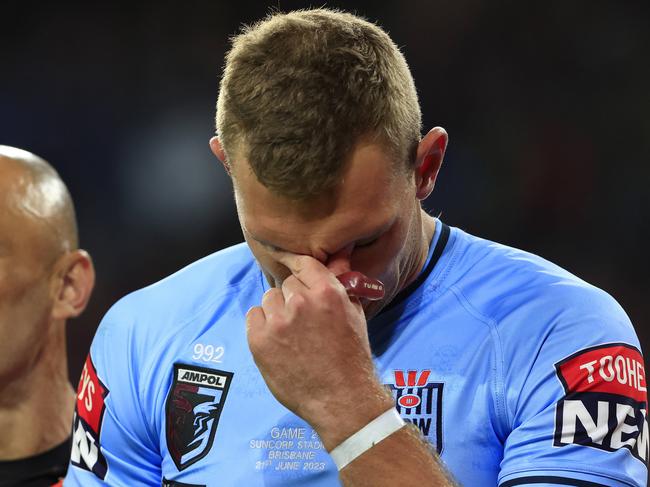 Tom Trbojevic injured during Game 2 of the State of Origin 2023, Queensland V NSW at Suncorp Stadium in Brisbane. Pics Adam Head