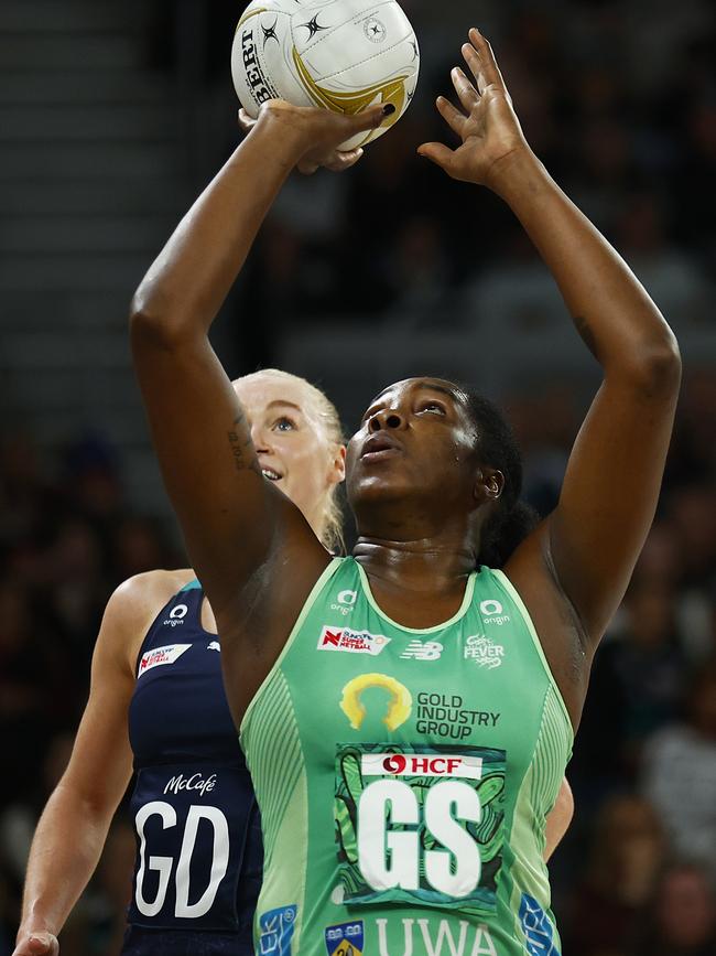 Jhaniele Fowler shoots during Fever’s semi-final victory.