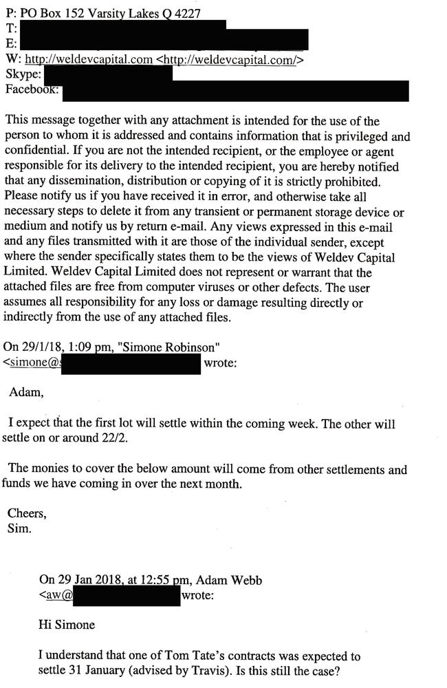 Emails between Weldev Capital executive Adam Webb and Simone Holzapfel tendered to the Supreme Court. Photo: Supplied