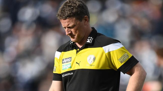 Damien Hardwick walks off Simonds Stadium on Saturday.