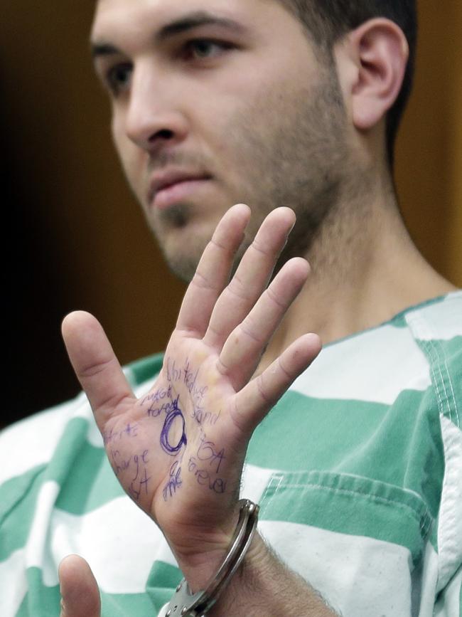 Anthony Comello displays his hand work in court yesterday. Picture: AP