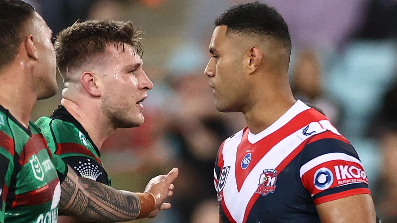 SYDNEY, AUSTRALIA - MARCH 26: Daniel Suluka-Fifita of the Roosters has words with Jai Arrow of the Rabbitohs after being sent to the sin-bin during the round three NRL match between the South Sydney Rabbitohs and the Sydney Roosters at Stadium Australia on March 26, 2021, in Sydney, Australia. (Photo by Cameron Spencer/Getty Images)