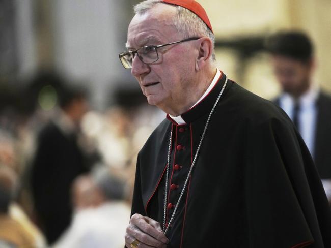 Cardinal Pietro Parolin arrives in St. Peter's Basilica to attend a mass on the eight of nine days of mourning for late Pope Francis, at the Vatican, Saturday, May 3, 2025. (AP Photo/Alessandra Tarantino)
