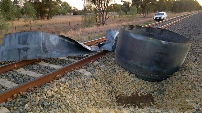 Large metal coil obstructing the Melbourne to Sydney train line near Winton, Victoria.