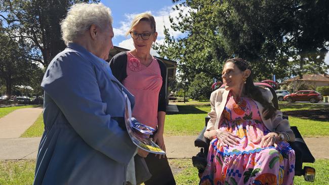 Speaking in Queens Park, Toowoomba, for the launch of local Greens campaigns for the 2025 federal election are (from left) Maranoa candidate Elizabeth Johnston, Queensland Senator Larissa Waters and Groom candidate Alyce Nelligan.