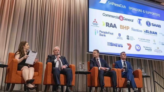 The state of the defence state lunch: from left: panel moderator FiveAA radio afternoon host Stacey Lee, Australian Industry and Defence Network CEO Brent Clark, South Australian Treasurer and Defence Industries Minister Stephen Mullighan and Defence SA head Matt Opie at the Grand Chancellor Hotel, Hindley St Picture: Kelly Barnes