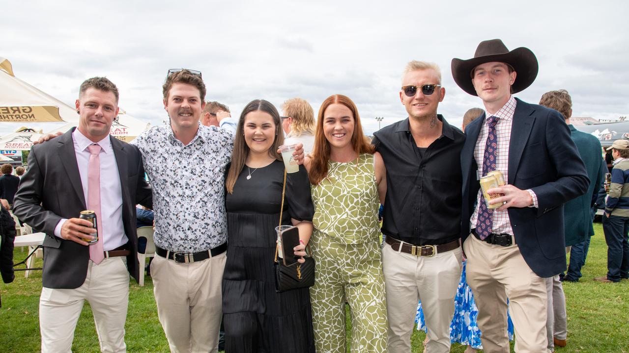 From left; Khai De-Kroon, Dylan Causley, Grace Bowen, Madi and Michael Monckton and Jake Shaw. IEquine Toowoomba Weetwood Raceday - Clifford Park Saturday September 28, 2024 Picture: Bev Lacey