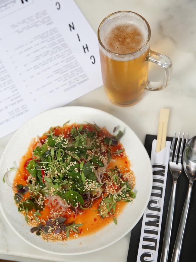 Salad of shiso and sesame prawn dumplings, red namh jim and glass noodles. Picture Andrew Tauber