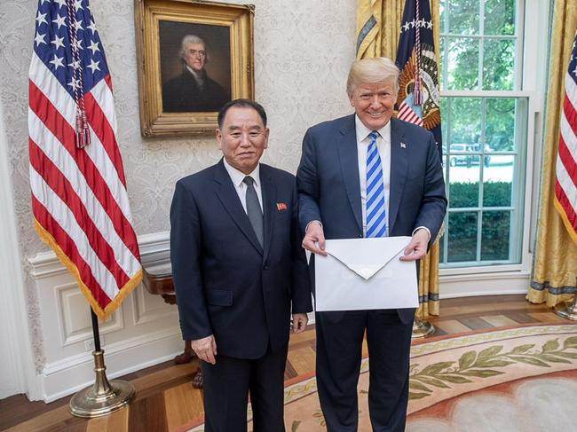 North Korean general and politician Kim Yong-chol gives and Donald Trump a letter from Kim Jong-un