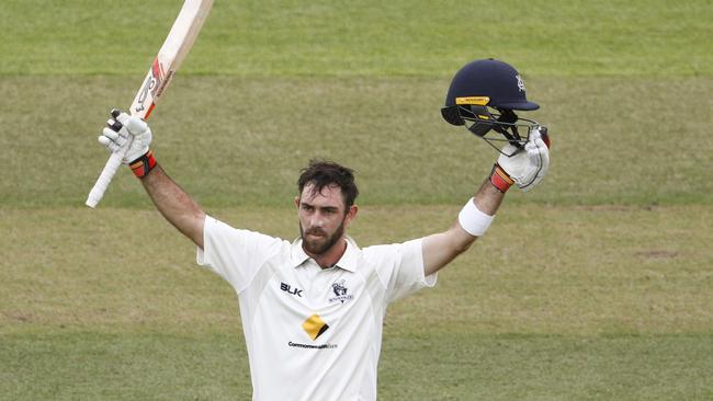 Victoria’s Glenn Maxwell celebrates bringing up his double century against NSW on Friday.