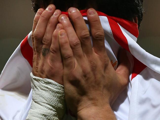 LONDON, ENGLAND - MAY 05: Luis Suarez of Liverpool reacts following his team's 3-3 draw during the Barclays Premier League match between Crystal Palace and Liverpool at Selhurst Park on May 5, 2014 in London, England. (Photo by Clive Rose/Getty Images)