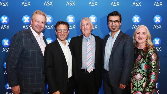 L to R..Richard White, WiseTech Global, Anthony Eisen, Afterpay, Chris Vonwiller, Appen, Aram Mirkazemi, Altium and Kirsty Godfrey- Billy from Xero at the ASX New Technology Index Launch. John Feder/The Australian.