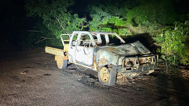 The burnt out HiLux stolen from Crocodylus Park on March 12 was found at Casuarina. Picture: Emily Broomham.