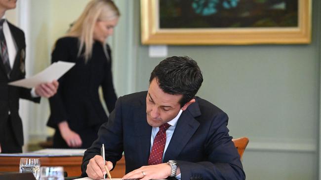 Government Swearing in at Government House. New premier of Queensland David Crisafulli and Excellency the Honourable Dr Jeannette Young AC PSM. Picture: NewsWire / John Gass