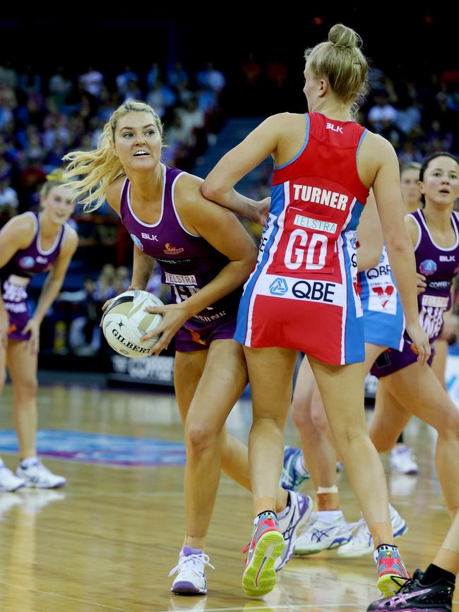 Gretel Tippett and Maddy Turner battle for the ball in the 2016 Firebirds v Swifts grand final. Pic Mark Calleja