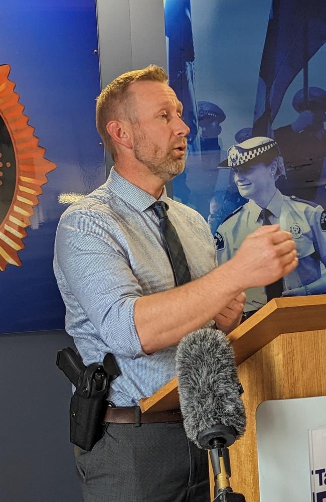 Tasmania Police Detective Inspector Andrew Hanson at Launceston Police Station providing an update on the search for missing teenager Shyanne-Lee Tatnell, 14. July 26, 2023. Picture: Alex Treacy