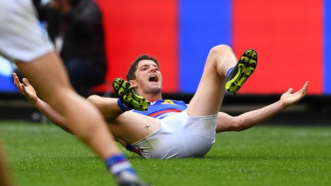 Tom Liberatore celebrates his match-sealing goal against the Hawks. Picture: Getty Images