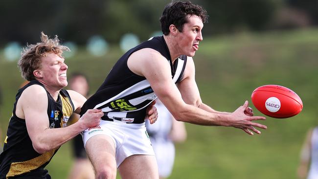 Round 4 TSL match between the Kingborough Tigers and Glenorchy Magpies from Kingston Twin Ovals. Magpie Daniel Joseph is tackled by Tigers’ Bailey Gordon. Picture: ZAK SIMMONDS