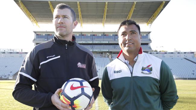 Former Socceroos and bid ambassadors Brett Emerton (left) and Nick Carle Picture: Luke Fuda Films and Photography