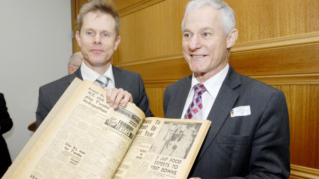 Former General Manager of Toowoomba Newspapers Rohan Gosstray and the late Professor Bill Lovegrove, Vice Chancellor USQ at the handover of the Toowoomba Chronicle Archives Collection handover to UniSQ in 2010. Photo by Nev Madsen