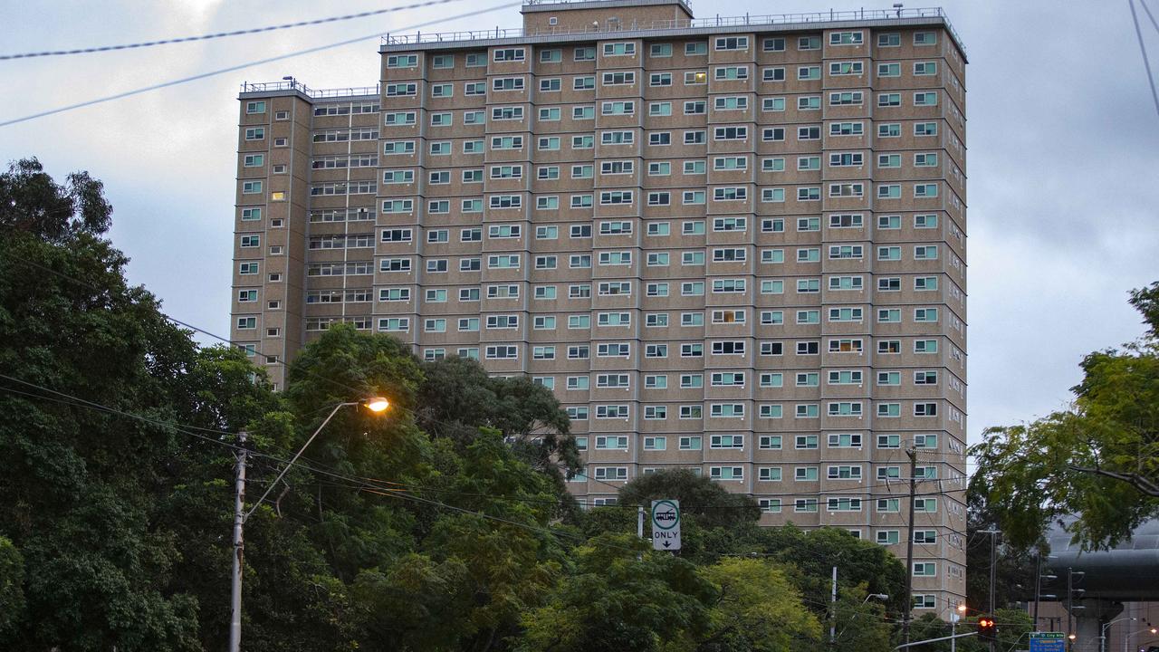 One of the locked down public housing towers in Flemington, Melbourne. Picture: Sarah Matray