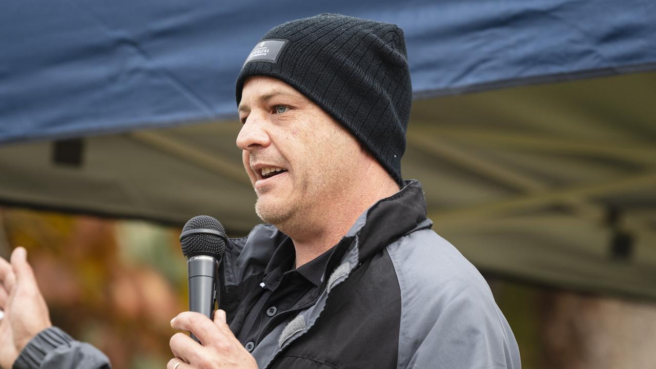 Something About Bella – Bella's Birthday Fundraiser organiser Billy Drury talks to the crowd at the event, Sunday, June 4, 2023. Picture: Kevin Farmer