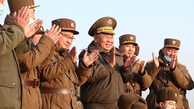 A.Marshal Ri Pyong Chol, centre, oversees the missile launch on Thursday. Picture: Korean Central News Agency via Reuters