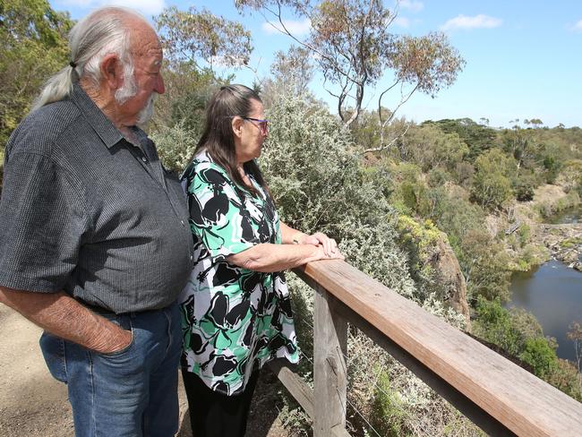 Terry and Pam Bolton looking over Buckley Falls. They say the area is ripe for more fishing facilities. Corangamite Catchment Management Authority (CMA) has been awarded a $1.67 million grant for addressing barriers to fish passage on the lower Barwon and Moorabool rivers. Picture: Alan Barber