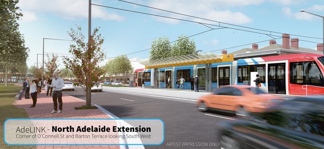 Artist impressions of the tram going down O'Connell Street in North Adelaide.